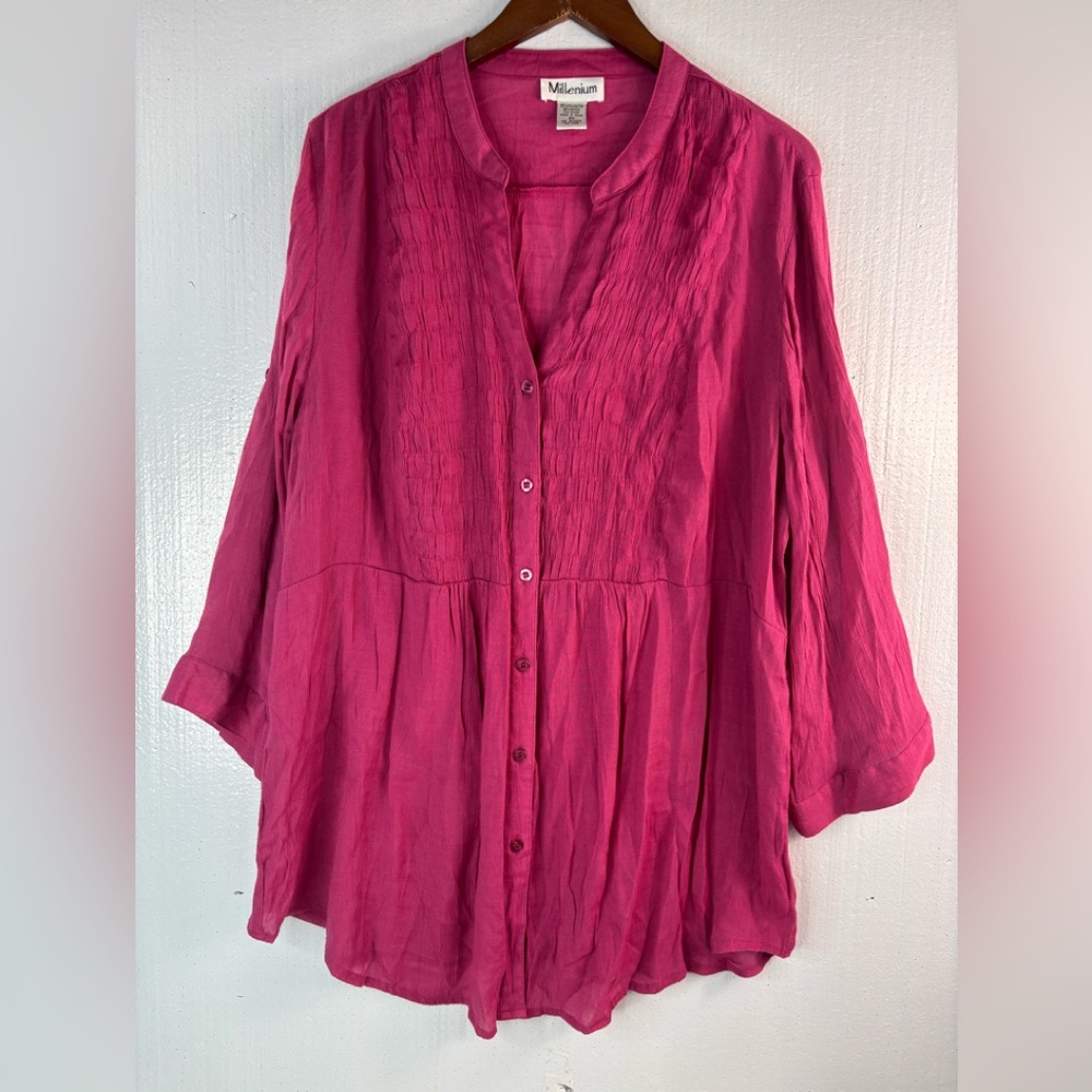 Millennium 3X Boho Slightly Shimmery Smocked Pink Button-Up Tunic Top